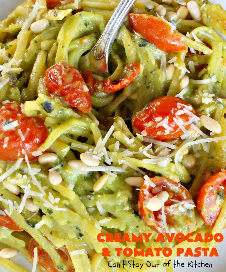 Creamy Avocado and Tomato Pasta | Can't Stay Out of the Kitchen | this easy and delightful #pasta #recipe is utterly amazing. The #Basil & #avocado sauce makes this dish fantastic. It also includes #tomatoes, #PineNuts & #ParmesanCheese. This is totally awesome for #MeatlessMondays or on days when you're short on time. I used #GlutenFree #noodles but you can use any kind. #cheese #GlutenFreeMainDish #CreamyAvocadoAndTomatopasta