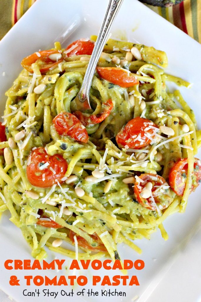 Creamy Avocado and Tomato Pasta | Can't Stay Out of the Kitchen | this easy and delightful #pasta #recipe is utterly amazing. The #Basil & #avocado sauce makes this dish fantastic. It also includes #tomatoes, #PineNuts & #ParmesanCheese. This is totally awesome for #MeatlessMondays or on days when you're short on time. I used #GlutenFree #noodles but you can use any kind. #cheese #GlutenFreeMainDish #CreamyAvocadoAndTomatopasta
