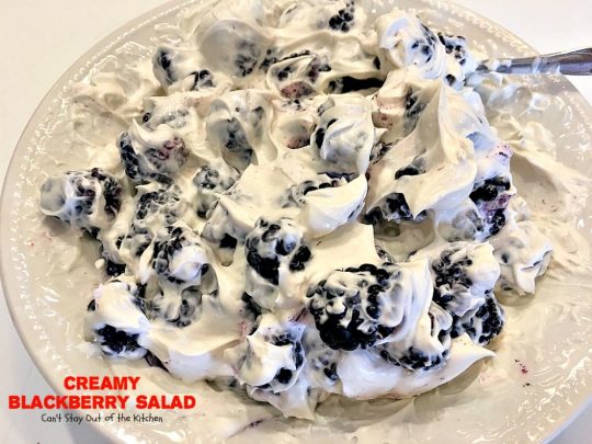 Creamy Blackberry Salad | Can't Stay Out of the Kitchen | this #fruit #salad is divine! It's perfect for summer #holidays, backyard BBQs or potlucks. Easy & delicious. #blackberries #glutenfree
