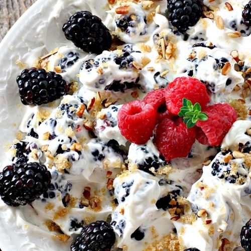 Creamy Blackberry Salad | Can't Stay Out of the Kitchen | this #fruit #salad is divine! It's perfect for summer #holidays, backyard BBQs or potlucks. Easy & delicious. #blackberries #glutenfree