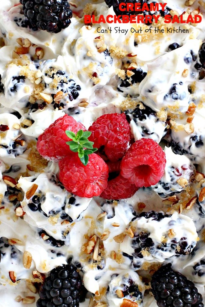 Creamy Blackberry Salad | Can't Stay Out of the Kitchen | this #fruit #salad is divine! It's perfect for summer #holidays, backyard BBQs or potlucks. Easy & delicious. #blackberries #glutenfree