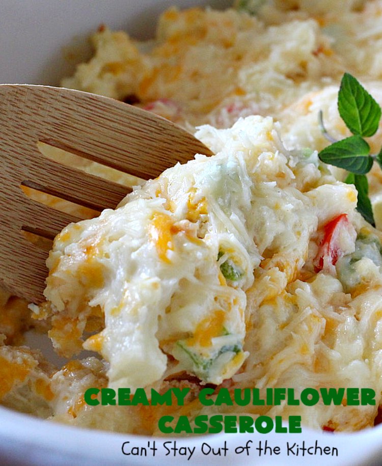 Creamy Cauliflower Casserole | Can't Stay Out of the Kitchen | this outrageously good #casserole is the perfect #SideDish for #holiday menus like #Thanksgiving or #Christmas. It's filled with #CheddarCheese, #ParmesanCheese & includes #RitzCrackers in the dish. Every bite is so mouthwatering. Even picky palates will love #cauliflower made this way. #GooseberryPatch #CreamyCauliflowerCasserole