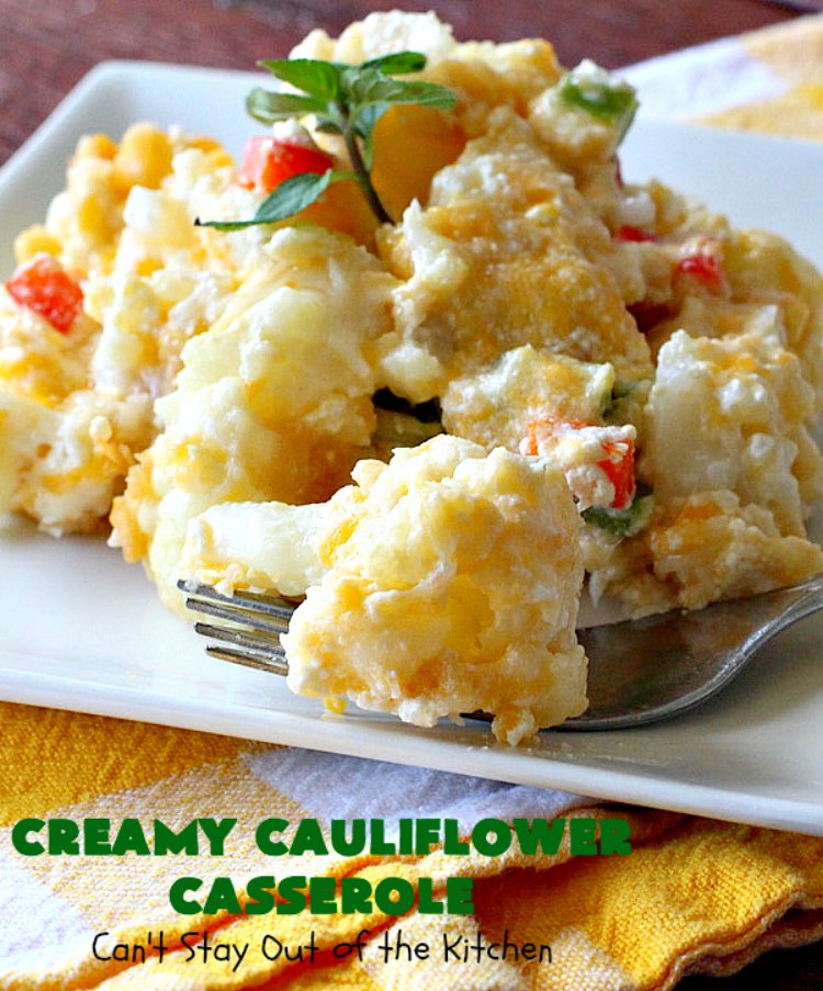 Creamy Cauliflower Casserole | Can't Stay Out of the Kitchen | this outrageously good #casserole is the perfect #SideDish for #holiday menus like #Thanksgiving or #Christmas. It's filled with #CheddarCheese, #ParmesanCheese & includes #RitzCrackers in the dish. Every bite is so mouthwatering. Even picky palates will love #cauliflower made this way. #GooseberryPatch #CreamyCauliflowerCasserole