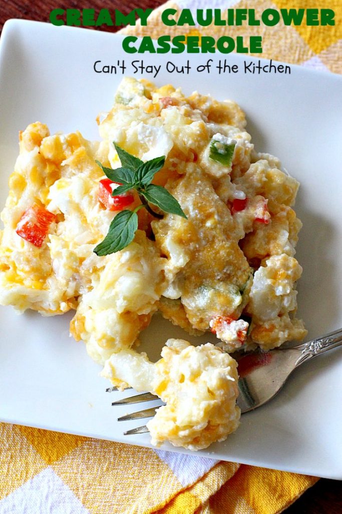 Creamy Cauliflower Casserole | Can't Stay Out of the Kitchen | this outrageously good #casserole is the perfect #SideDish for #holiday menus like #Thanksgiving or #Christmas. It's filled with #CheddarCheese, #ParmesanCheese & includes #RitzCrackers in the dish. Every bite is so mouthwatering. Even picky palates will love #cauliflower made this way. #GooseberryPatch #CreamyCauliflowerCasserole