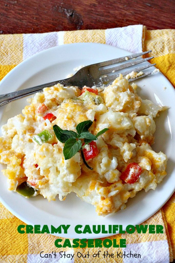 Creamy Cauliflower Casserole | Can't Stay Out of the Kitchen | this outrageously good #casserole is the perfect #SideDish for #holiday menus like #Thanksgiving or #Christmas. It's filled with #CheddarCheese, #ParmesanCheese & includes #RitzCrackers in the dish. Every bite is so mouthwatering. Even picky palates will love #cauliflower made this way. #GooseberryPatch #CreamyCauliflowerCasserole