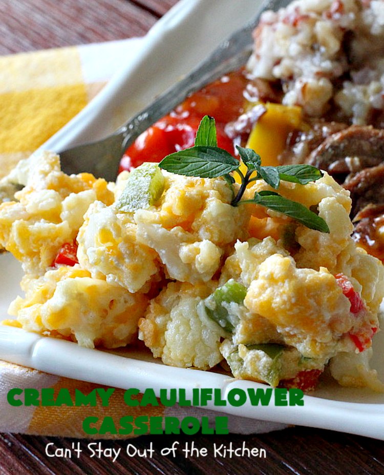Creamy Cauliflower Casserole | Can't Stay Out of the Kitchen | this outrageously good #casserole is the perfect #SideDish for #holiday menus like #Thanksgiving or #Christmas. It's filled with #CheddarCheese, #ParmesanCheese & includes #RitzCrackers in the dish. Every bite is so mouthwatering. Even picky palates will love #cauliflower made this way. #GooseberryPatch #CreamyCauliflowerCasserole