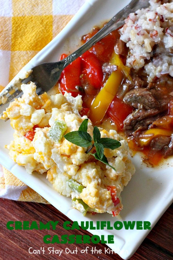Creamy Cauliflower Casserole | Can't Stay Out of the Kitchen | this outrageously good #casserole is the perfect #SideDish for #holiday menus like #Thanksgiving or #Christmas. It's filled with #CheddarCheese, #ParmesanCheese & includes #RitzCrackers in the dish. Every bite is so mouthwatering. Even picky palates will love #cauliflower made this way. #GooseberryPatch #CreamyCauliflowerCasserole
