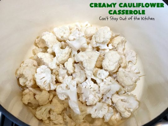 Creamy Cauliflower Casserole | Can't Stay Out of the Kitchen | this outrageously good #casserole is the perfect #SideDish for #holiday menus like #Thanksgiving or #Christmas. It's filled with #CheddarCheese, #ParmesanCheese & includes #RitzCrackers in the dish. Every bite is so mouthwatering. Even picky palates will love #cauliflower made this way. #GooseberryPatch #CreamyCauliflowerCasserole