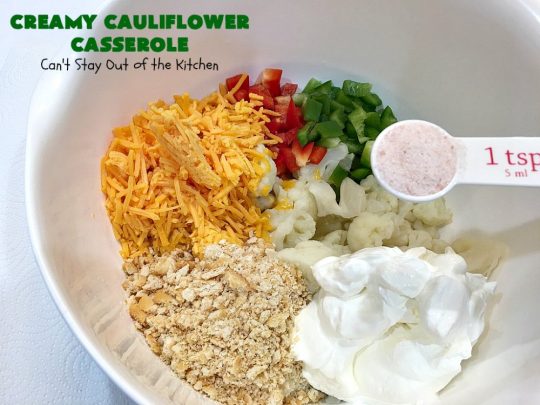 Creamy Cauliflower Casserole | Can't Stay Out of the Kitchen | this outrageously good #casserole is the perfect #SideDish for #holiday menus like #Thanksgiving or #Christmas. It's filled with #CheddarCheese, #ParmesanCheese & includes #RitzCrackers in the dish. Every bite is so mouthwatering. Even picky palates will love #cauliflower made this way. #GooseberryPatch #CreamyCauliflowerCasserole