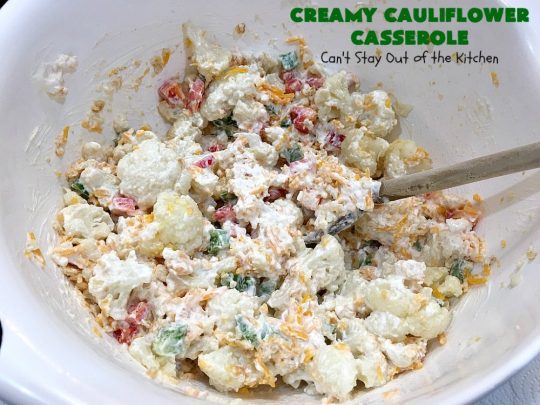 Creamy Cauliflower Casserole | Can't Stay Out of the Kitchen | this outrageously good #casserole is the perfect #SideDish for #holiday menus like #Thanksgiving or #Christmas. It's filled with #CheddarCheese, #ParmesanCheese & includes #RitzCrackers in the dish. Every bite is so mouthwatering. Even picky palates will love #cauliflower made this way. #GooseberryPatch #CreamyCauliflowerCasserole