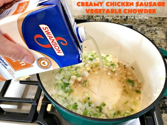 Creamy Chicken Sausage Vegetable Chowder | Can't Stay Out of the Kitchen | this delicious #chowder is made with #ChickenSausage instead of pork. It's rich, creamy, chocked full of veggies and totally satisfying as a main dish meal. #corn #asparagus #chicken #soup #CreamyChickenSausageVegetableChowder #GlutenFree