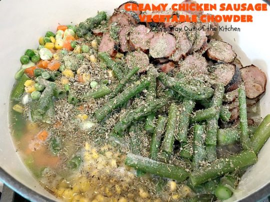 Creamy Chicken Sausage Vegetable Chowder | Can't Stay Out of the Kitchen | this delicious #chowder is made with #ChickenSausage instead of pork. It's rich, creamy, chocked full of veggies and totally satisfying as a main dish meal. #corn #asparagus #chicken #soup #CreamyChickenSausageVegetableChowder #GlutenFree