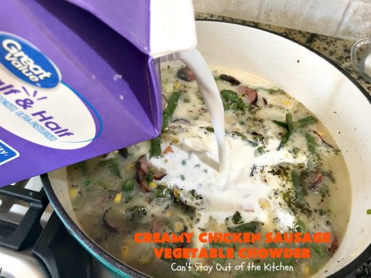 Creamy Chicken Sausage Vegetable Chowder | Can't Stay Out of the Kitchen | this delicious #chowder is made with #ChickenSausage instead of pork. It's rich, creamy, chocked full of veggies and totally satisfying as a main dish meal. #corn #asparagus #chicken #soup #CreamyChickenSausageVegetableChowder #GlutenFree