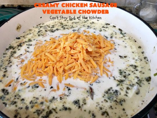 Creamy Chicken Sausage Vegetable Chowder | Can't Stay Out of the Kitchen | this delicious #chowder is made with #ChickenSausage instead of pork. It's rich, creamy, chocked full of veggies and totally satisfying as a main dish meal. #corn #asparagus #chicken #soup #CreamyChickenSausageVegetableChowder #GlutenFree