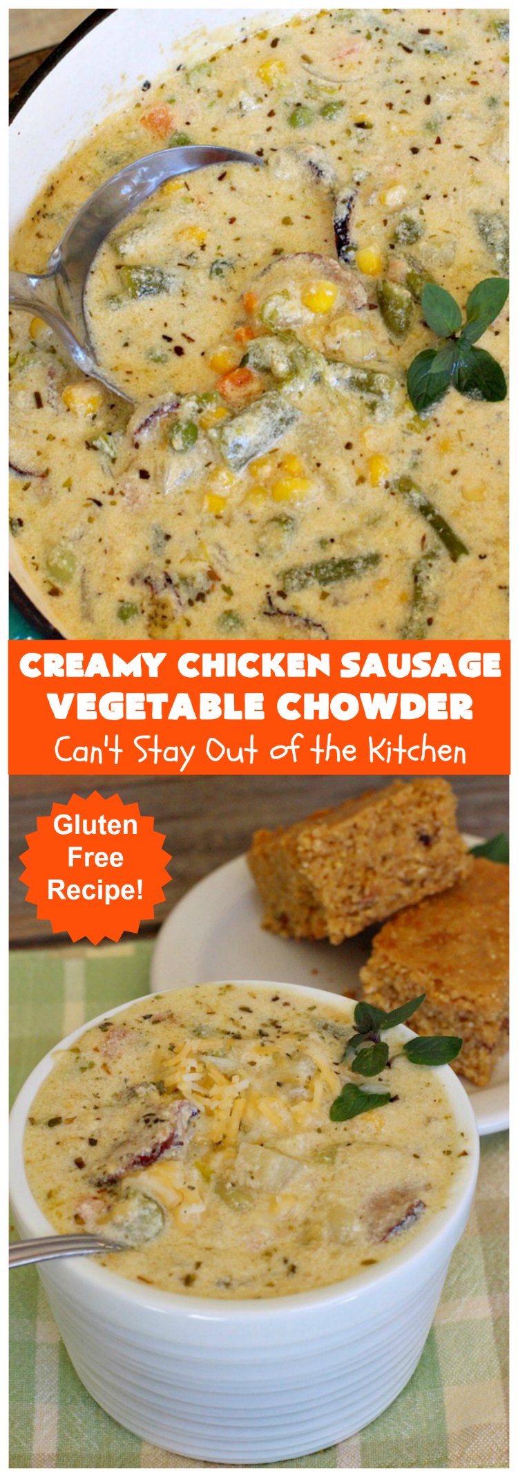 Creamy Chicken Sausage Vegetable Chowder | Can't Stay Out of the Kitchen | this delicious #chowder is made with #ChickenSausage instead of pork. It's rich, creamy, chocked full of veggies and totally satisfying as a main dish meal. #corn #asparagus #chicken #soup #CreamyChickenSausageVegetableChowder #GlutenFree