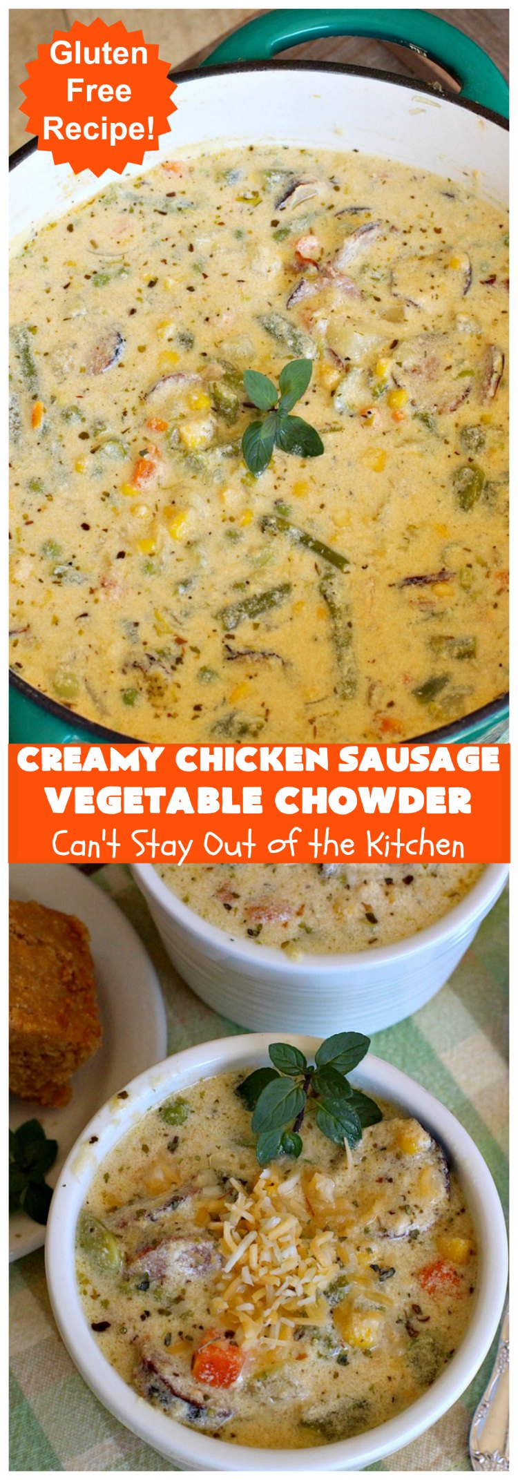 Creamy Chicken Sausage Vegetable Chowder | Can't Stay Out of the Kitchen | this delicious #chowder is made with #ChickenSausage instead of pork. It's rich, creamy, chocked full of veggies and totally satisfying as a main dish meal. #corn #asparagus #chicken #soup #CreamyChickenSausageVegetableChowder #GlutenFree
