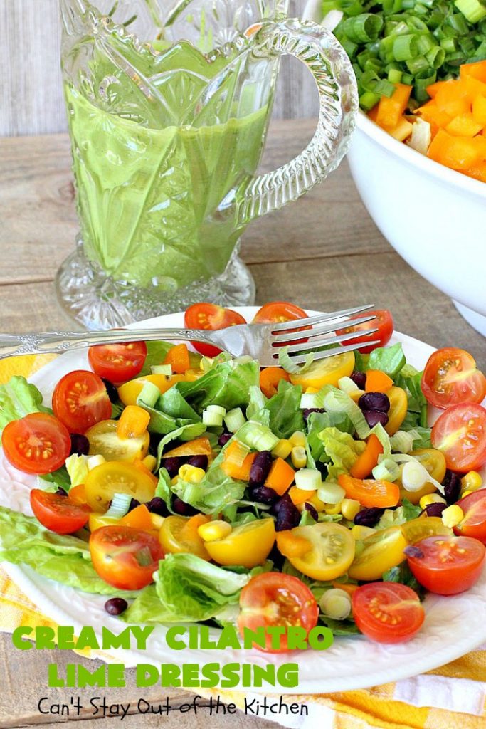 Creamy Cilantro Lime Dressing | Can't Stay Out of the Kitchen | this fantastic #SaladDressing uses #GreekYogurt, #Cilantro & a little honey. It's a terrific dressing to put over any #TexMex style #salad. #Healthy #CleanEating #GlutenFree #CreamyCilantroLimeDressing 
