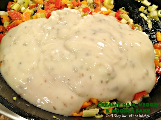 Creamy Ham, Veggie and Noodle Bake | Can't Stay Out of the Kitchen | this cheesy #ham entree has been a family favorite for years. It's filled with lots of #veggies & #pasta. Truly one of our favorite comfort foods. Great way to use up leftover ham from the #holidays too. #HamCasserole #noodles #casserole