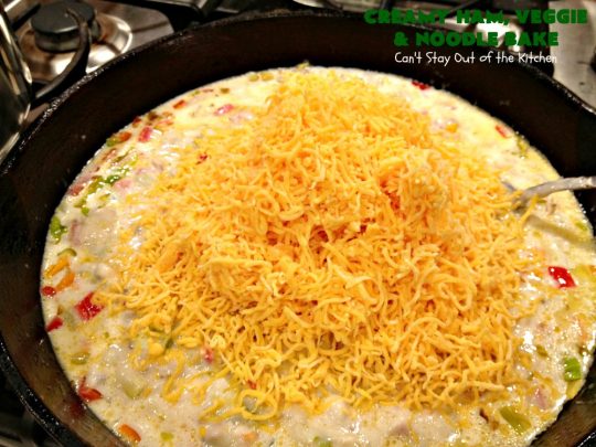 Creamy Ham, Veggie and Noodle Bake | Can't Stay Out of the Kitchen | this cheesy #ham entree has been a family favorite for years. It's filled with lots of #veggies & #pasta. Truly one of our favorite comfort foods. Great way to use up leftover ham from the #holidays too. #HamCasserole #noodles #casserole