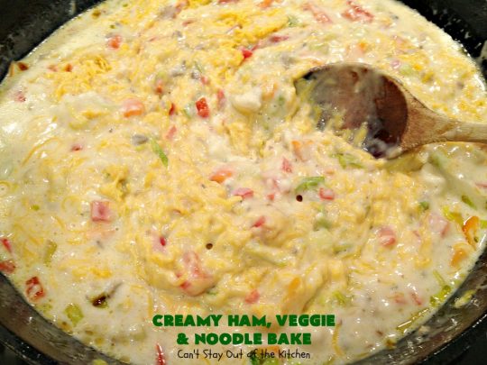 Creamy Ham, Veggie and Noodle Bake | Can't Stay Out of the Kitchen | this cheesy #ham entree has been a family favorite for years. It's filled with lots of #veggies & #pasta. Truly one of our favorite comfort foods. Great way to use up leftover ham from the #holidays too. #HamCasserole #noodles #casserole