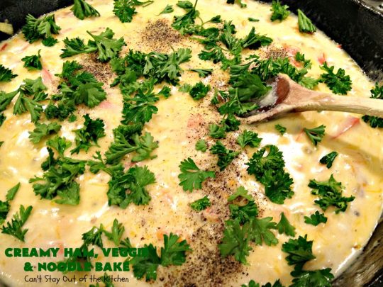 Creamy Ham, Veggie and Noodle Bake | Can't Stay Out of the Kitchen | this cheesy #ham entree has been a family favorite for years. It's filled with lots of #veggies & #pasta. Truly one of our favorite comfort foods. Great way to use up leftover ham from the #holidays too. #HamCasserole #noodles #casserole