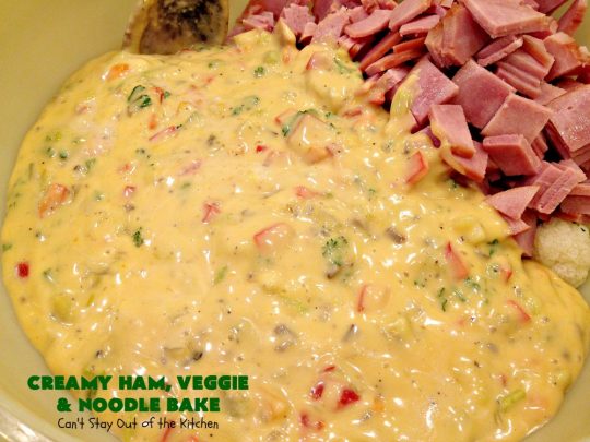 Creamy Ham, Veggie and Noodle Bake | Can't Stay Out of the Kitchen | this cheesy #ham entree has been a family favorite for years. It's filled with lots of #veggies & #pasta. Truly one of our favorite comfort foods. Great way to use up leftover ham from the #holidays too. #HamCasserole #noodles #casserole