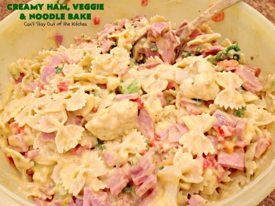Creamy Ham, Veggie and Noodle Bake | Can't Stay Out of the Kitchen | this cheesy #ham entree has been a family favorite for years. It's filled with lots of #veggies & #pasta. Truly one of our favorite comfort foods. Great way to use up leftover ham from the #holidays too. #HamCasserole #noodles #casserole