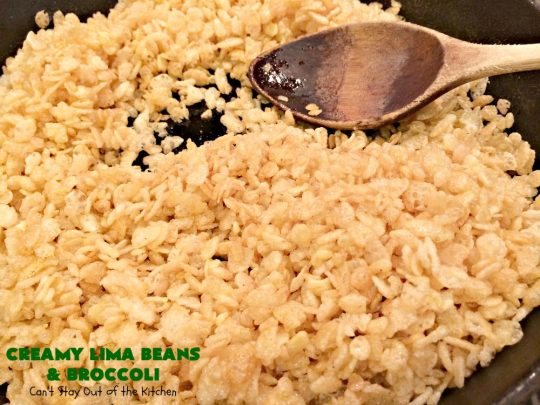 Creamy Lima Beans and Broccoli | Can't Stay Out of the Kitchen | this outrageous #casserole is to die for! Seriously, #LimaBeans & #Broccoli are combined with #CheddarCheese #CreamOfCelerySoup & topped with a #RiceKrispies topping mixed with #Curry. It's a delectable #SideDish for #Holidays like #Thanksgiving or #Christmas. This has always been one of our favorite #recipes. Everyone who's ever tried it, loves this dish. #CreamyLimaBeansAndBroccoli #vegetable