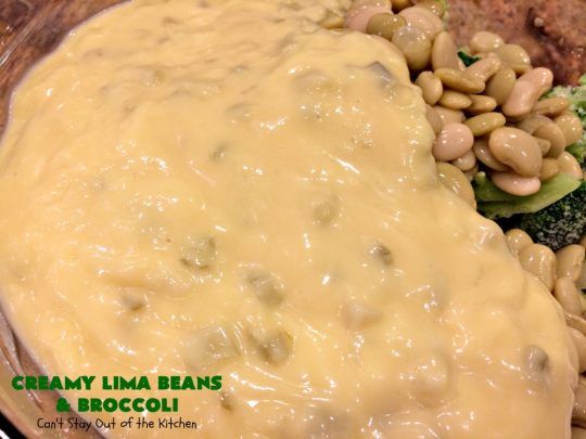 Creamy Lima Beans and Broccoli | Can't Stay Out of the Kitchen | this outrageous #casserole is to die for! Seriously, #LimaBeans & #Broccoli are combined with #CheddarCheese #CreamOfCelerySoup & topped with a #RiceKrispies topping mixed with #Curry. It's a delectable #SideDish for #Holidays like #Thanksgiving or #Christmas. This has always been one of our favorite #recipes. Everyone who's ever tried it, loves this dish. #CreamyLimaBeansAndBroccoli #vegetable