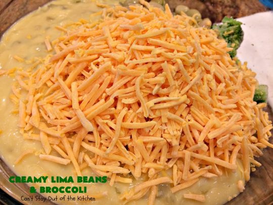 Creamy Lima Beans and Broccoli | Can't Stay Out of the Kitchen | this outrageous #casserole is to die for! Seriously, #LimaBeans & #Broccoli are combined with #CheddarCheese #CreamOfCelerySoup & topped with a #RiceKrispies topping mixed with #Curry. It's a delectable #SideDish for #Holidays like #Thanksgiving or #Christmas. This has always been one of our favorite #recipes. Everyone who's ever tried it, loves this dish. #CreamyLimaBeansAndBroccoli #vegetable