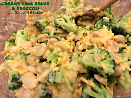 Creamy Lima Beans and Broccoli | Can't Stay Out of the Kitchen | this outrageous #casserole is to die for! Seriously, #LimaBeans & #Broccoli are combined with #CheddarCheese #CreamOfCelerySoup & topped with a #RiceKrispies topping mixed with #Curry. It's a delectable #SideDish for #Holidays like #Thanksgiving or #Christmas. This has always been one of our favorite #recipes. Everyone who's ever tried it, loves this dish. #CreamyLimaBeansAndBroccoli #vegetable