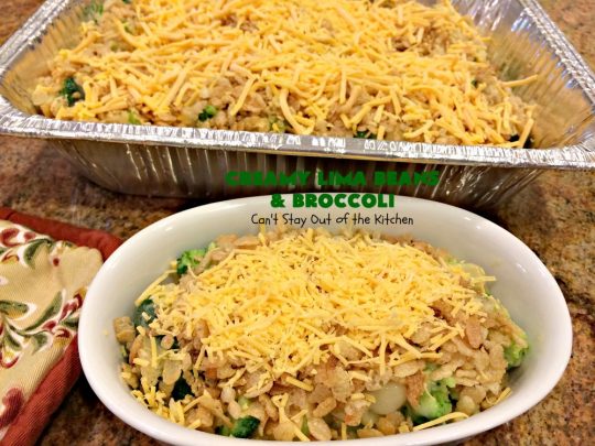Creamy Lima Beans and Broccoli | Can't Stay Out of the Kitchen | this outrageous #casserole is to die for! Seriously, #LimaBeans & #Broccoli are combined with #CheddarCheese #CreamOfCelerySoup & topped with a #RiceKrispies topping mixed with #Curry. It's a delectable #SideDish for #Holidays like #Thanksgiving or #Christmas. This has always been one of our favorite #recipes. Everyone who's ever tried it, loves this dish. #CreamyLimaBeansAndBroccoli #vegetable