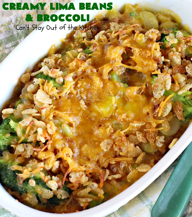 Creamy Lima Beans and Broccoli | Can't Stay Out of the Kitchen | this outrageous #casserole is to die for! Seriously, #LimaBeans & #Broccoli are combined with #CheddarCheese #CreamOfCelerySoup & topped with a #RiceKrispies topping mixed with #Curry. It's a delectable #SideDish for #Holidays like #Thanksgiving or #Christmas. This has always been one of our favorite #recipes. Everyone who's ever tried it, loves this dish. #CreamyLimaBeansAndBroccoli #vegetable