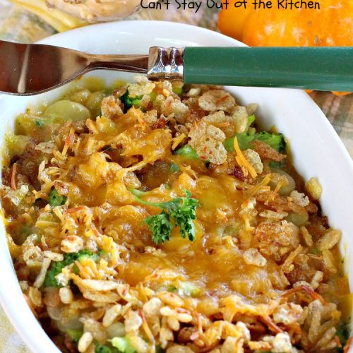 Creamy Lima Beans and Broccoli | Can't Stay Out of the Kitchen | this outrageous #casserole is to die for! Seriously, #LimaBeans & #Broccoli are combined with #CheddarCheese #CreamOfCelerySoup & topped with a #RiceKrispies topping mixed with #Curry. It's a delectable #SideDish for #Holidays like #Thanksgiving or #Christmas. This has always been one of our favorite #recipes. Everyone who's ever tried it, loves this dish. #CreamyLimaBeansAndBroccoli #vegetable
