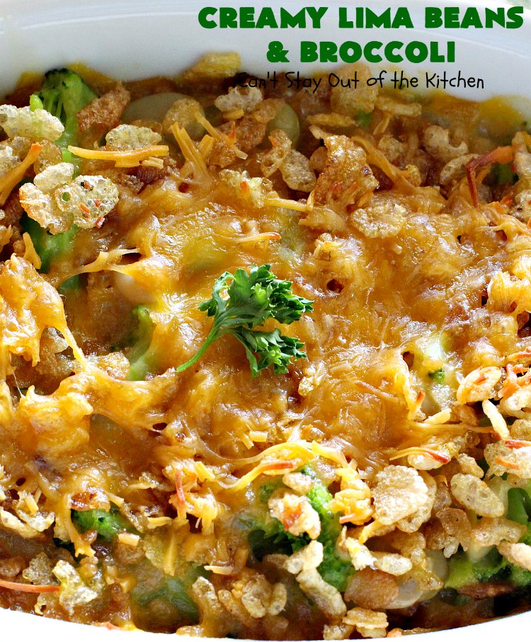 Creamy Lima Beans and Broccoli | Can't Stay Out of the Kitchen | this outrageous #casserole is to die for! Seriously, #LimaBeans & #Broccoli are combined with #CheddarCheese #CreamOfCelerySoup & topped with a #RiceKrispies topping mixed with #Curry. It's a delectable #SideDish for #Holidays like #Thanksgiving or #Christmas. This has always been one of our favorite #recipes. Everyone who's ever tried it, loves this dish. #CreamyLimaBeansAndBroccoli #vegetable