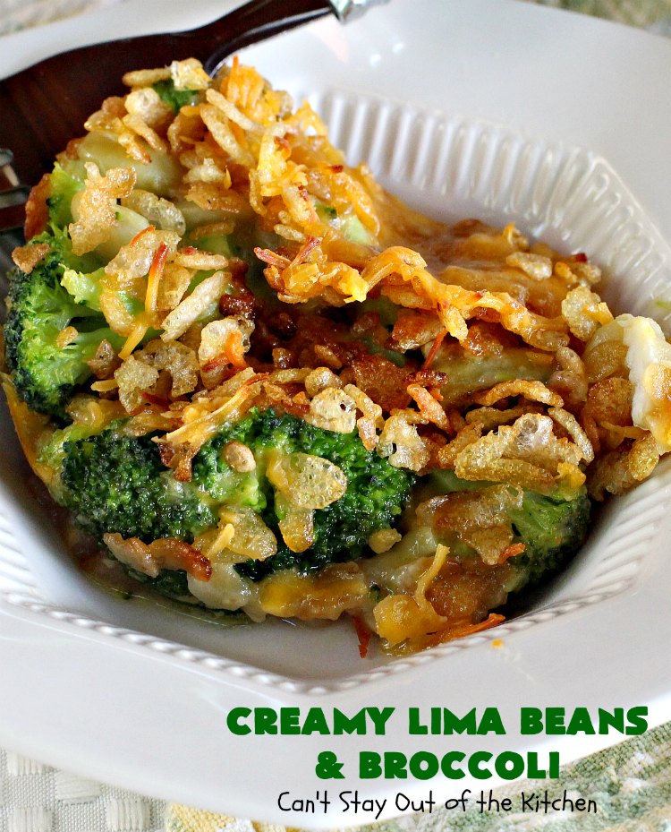 Creamy Lima Beans and Broccoli | Can't Stay Out of the Kitchen | this outrageous #casserole is to die for! Seriously, #LimaBeans & #Broccoli are combined with #CheddarCheese #CreamOfCelerySoup & topped with a #RiceKrispies topping mixed with #Curry. It's a delectable #SideDish for #Holidays like #Thanksgiving or #Christmas. This has always been one of our favorite #recipes. Everyone who's ever tried it, loves this dish. #CreamyLimaBeansAndBroccoli #vegetable