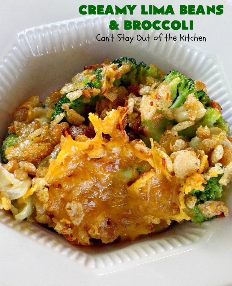Creamy Lima Beans and Broccoli | Can't Stay Out of the Kitchen | this outrageous #casserole is to die for! Seriously, #LimaBeans & #Broccoli are combined with #CheddarCheese #CreamOfCelerySoup & topped with a #RiceKrispies topping mixed with #Curry. It's a delectable #SideDish for #Holidays like #Thanksgiving or #Christmas. This has always been one of our favorite #recipes. Everyone who's ever tried it, loves this dish. #CreamyLimaBeansAndBroccoli #vegetable