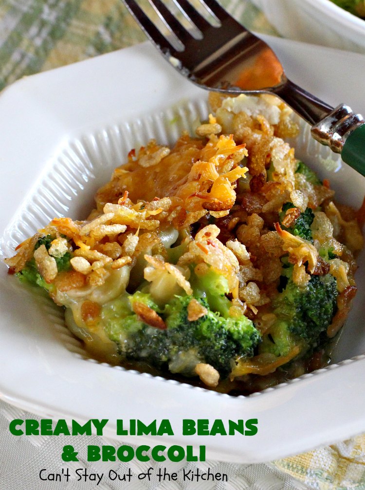 Creamy Lima Beans and Broccoli | Can't Stay Out of the Kitchen | this outrageous #casserole is to die for! Seriously, #LimaBeans & #Broccoli are combined with #CheddarCheese #CreamOfCelerySoup & topped with a #RiceKrispies topping mixed with #Curry. It's a delectable #SideDish for #Holidays like #Thanksgiving or #Christmas. This has always been one of our favorite #recipes. Everyone who's ever tried it, loves this dish. #CreamyLimaBeansAndBroccoli #vegetable