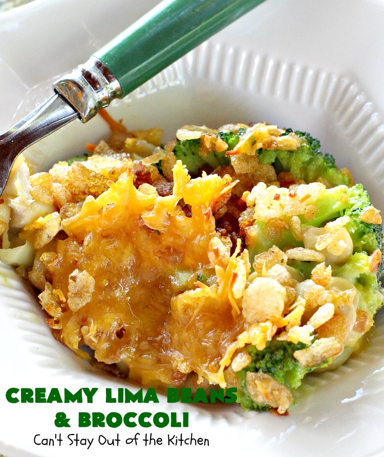 Creamy Lima Beans and Broccoli | Can't Stay Out of the Kitchen | this outrageous #casserole is to die for! Seriously, #LimaBeans & #Broccoli are combined with #CheddarCheese #CreamOfCelerySoup & topped with a #RiceKrispies topping mixed with #Curry. It's a delectable #SideDish for #Holidays like #Thanksgiving or #Christmas. This has always been one of our favorite #recipes. Everyone who's ever tried it, loves this dish. #CreamyLimaBeansAndBroccoli #vegetable