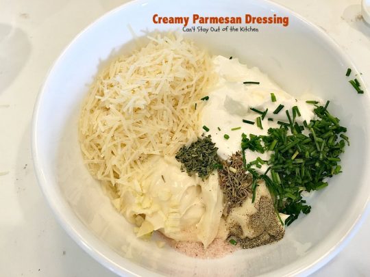 Creamy Parmesan Dressing | Can't Stay Out of the Kitchen | this fabulous #saladdressing is so quick & easy to make. Delicious flavor & texture. Great served with BLT #salad! #glutenfree #parmesan