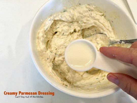 Creamy Parmesan Dressing | Can't Stay Out of the Kitchen | this fabulous #saladdressing is so quick & easy to make. Delicious flavor & texture. Great served with BLT #salad! #glutenfree #parmesan