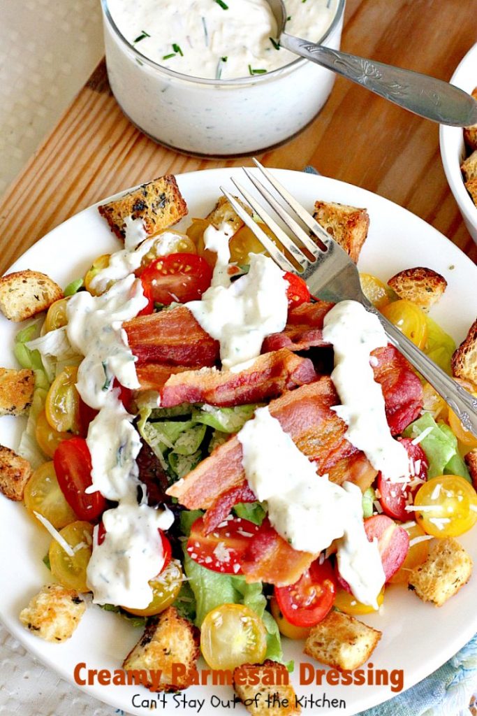 Creamy Parmesan Dressing | Can't Stay Out of the Kitchen | this fabulous #saladdressing is so quick & easy to make. Delicious flavor & texture. Great served with BLT #salad! #glutenfree #parmesan