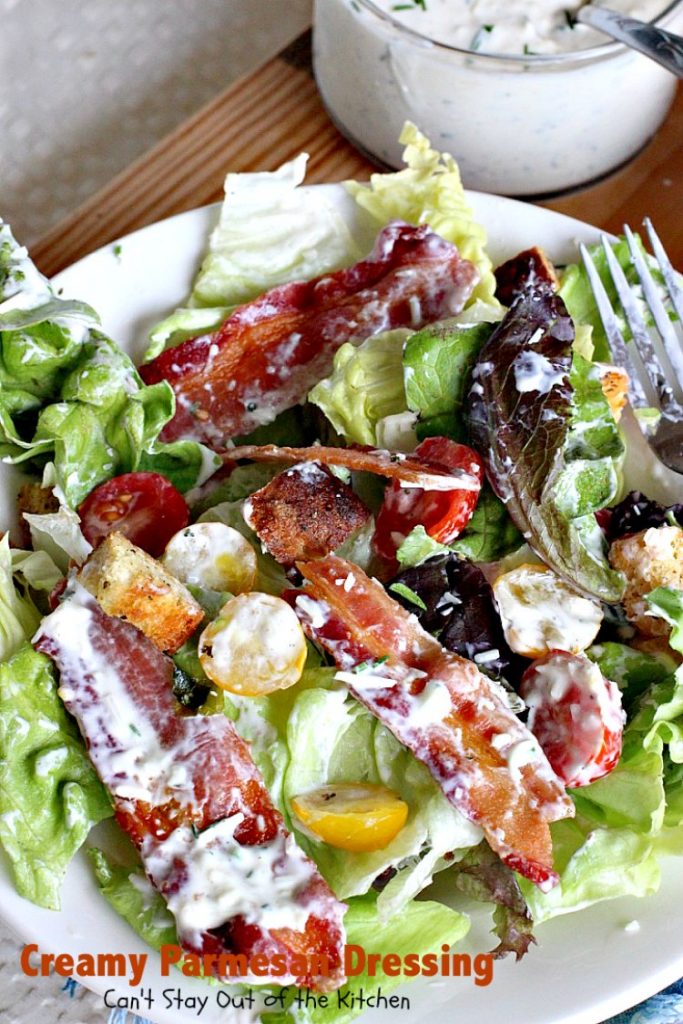 Creamy Parmesan Dressing | Can't Stay Out of the Kitchen | this fabulous #saladdressing is so quick & easy to make. Delicious flavor & texture. Great served with BLT #salad! #glutenfree #parmesan