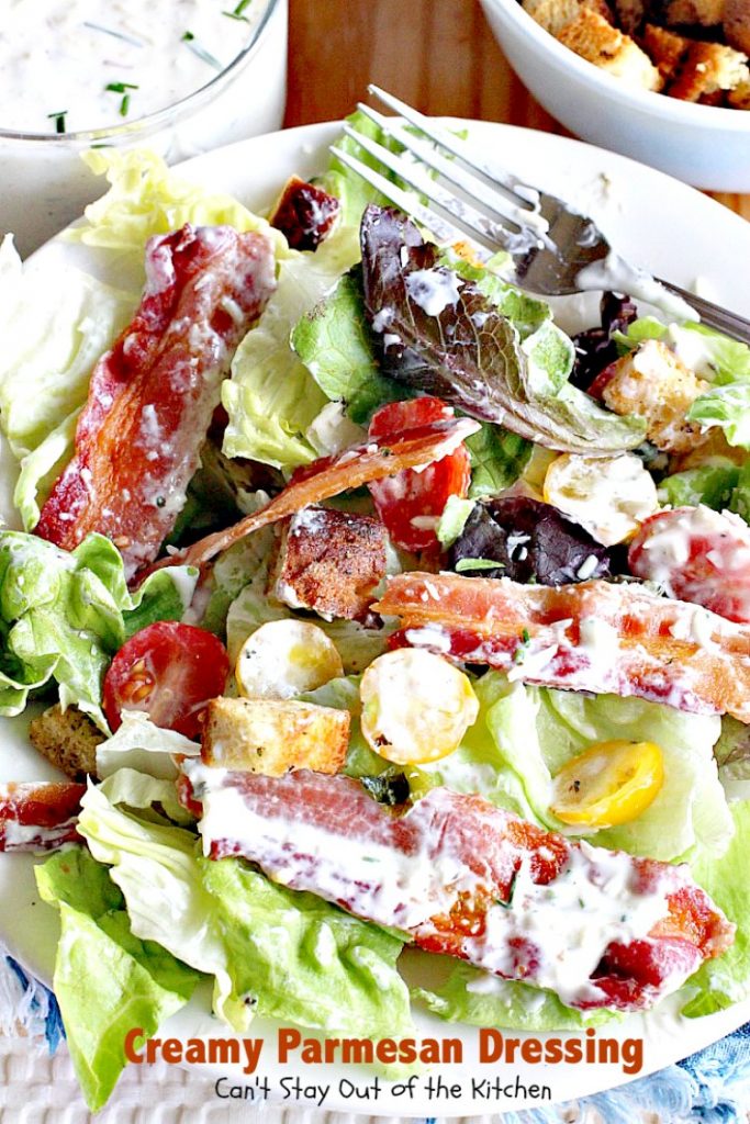 Creamy Parmesan Dressing | Can't Stay Out of the Kitchen | this fabulous #saladdressing is so quick & easy to make. Delicious flavor & texture. Great served with BLT #salad! #glutenfree #parmesan