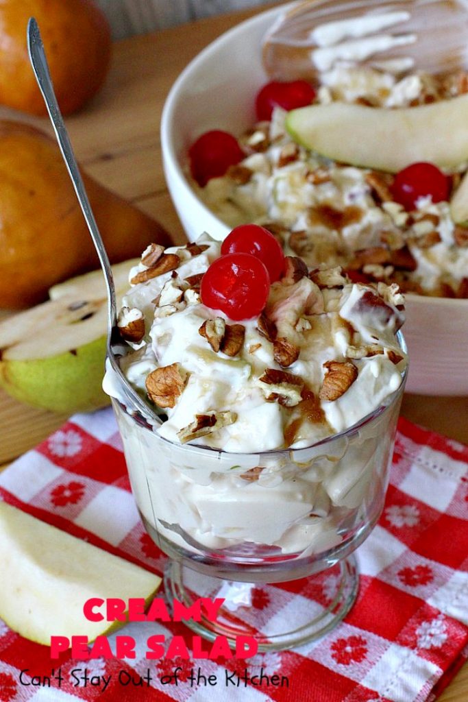 Creamy Pear Salad | Can't Stay Out of the Kitchen | this delectable #fruit #salad is so quick & easy to make up. It's terrific for company or #holiday dinners like #Thanksgiving or #Christmas since it can be made in advance. #pears #CreamCheese #salad #CreamyPearSalad