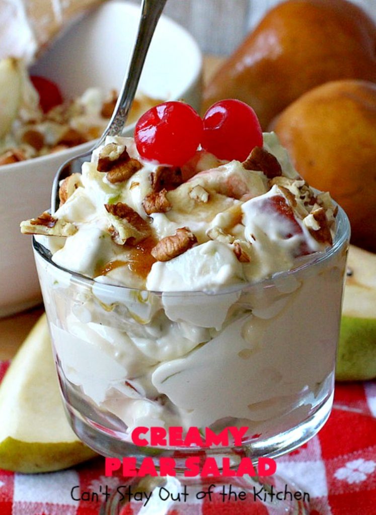Creamy Pear Salad | Can't Stay Out of the Kitchen | this delectable #fruit #salad is so quick & easy to make up. It's terrific for company or #holiday dinners like #Thanksgiving or #Christmas since it can be made in advance. #pears #CreamCheese #salad #CreamyPearSalad