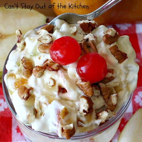 Creamy Pear Salad | Can't Stay Out of the Kitchen | this delectable #fruit #salad is so quick & easy to make up. It's terrific for company or #holiday dinners like #Thanksgiving or #Christmas since it can be made in advance. #pears #CreamCheese #salad #CreamyPearSalad