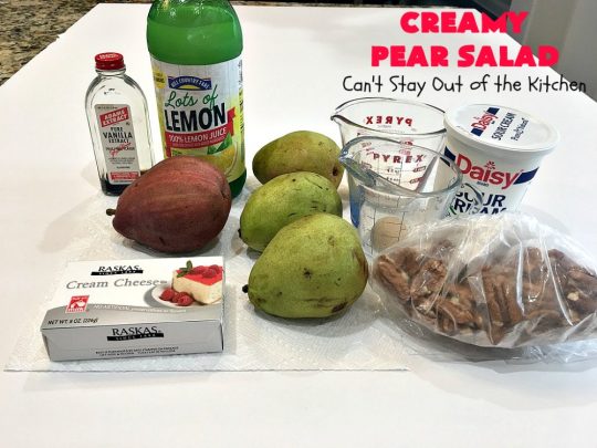 Creamy Pear Salad | Can't Stay Out of the Kitchen | this delectable #fruit #salad is so quick & easy to make up. It's terrific for company or #holiday dinners like #Thanksgiving or #Christmas since it can be made in advance. #pears #CreamCheese #salad #CreamyPearSalad