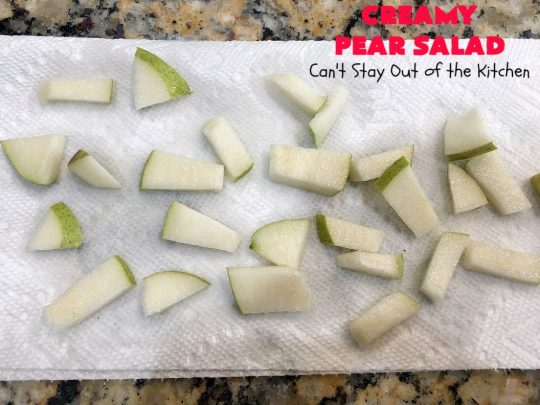 Creamy Pear Salad | Can't Stay Out of the Kitchen | this delectable #fruit #salad is so quick & easy to make up. It's terrific for company or #holiday dinners like #Thanksgiving or #Christmas since it can be made in advance. #pears #CreamCheese #salad #CreamyPearSalad