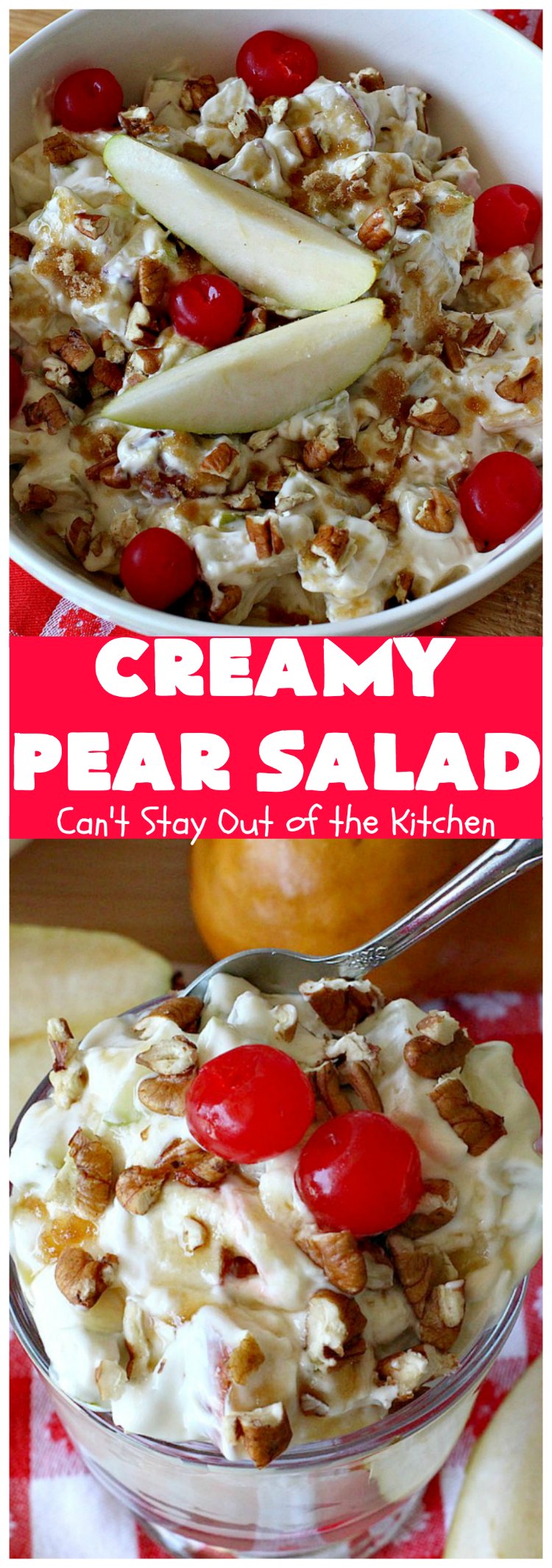 Creamy Pear Salad | Can't Stay Out of the Kitchen | this delectable #fruit #salad is so quick & easy to make up. It's terrific for company or #holiday dinners like #Thanksgiving or #Christmas since it can be made in advance. #pears #CreamCheese #salad #CreamyPearSalad
